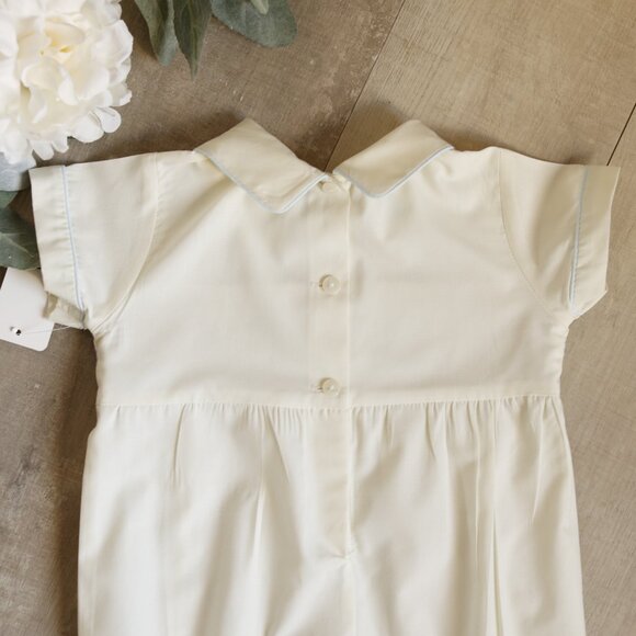 Yellow Smocked Romper Creeper Embroidery Blue Piping Boutique 9 Months New - Picture 3 of 5